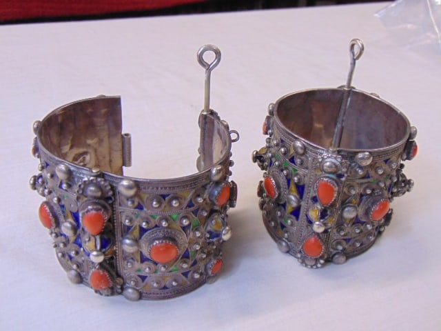 Jewelry. Pair of Vintage Ethnic sterling coral enamel wide cuff/bracelets, 2 3/8" wide with green & (1 of 4)
