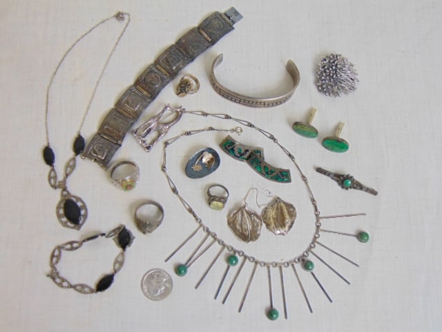 Collection of sterling jewelry to include modernist necklace; pendents; cuff; bracelets; rings; &: Collection of sterling jewelry to include modernist necklace; pendents; cuff; bracelets; rings; & more see photos