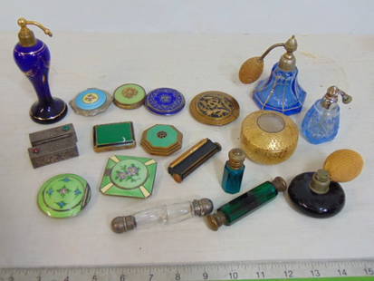 Large lot perfume bottles & enamel compacts, silver, brass, includes 9 compacts, 2 lipstick holders,: Large lot perfume bottles & enamel compacts, silver, brass, includes 9 compacts, 2 lipstick holders, 8 perfumes, see images for detail
