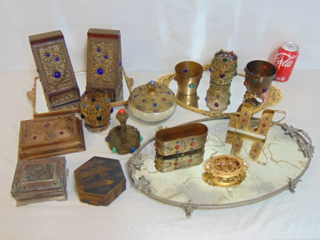 Large lot jeweled boxes, glass perfume trays, cups, goblets, bookends, jars & more, please see (1 of 12)