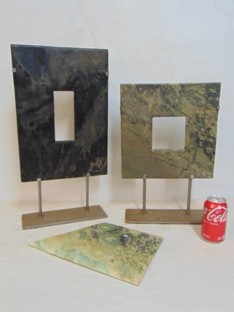 3 carved flat Jade or stone Chinese (?) sculptures, frame style, two on metal stands, one (1 of 7)