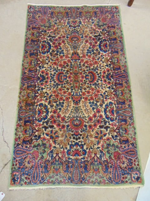 Scatter rug, Kerman (?), floral designs, green borderm carpet is 83" by 48" (1 of 9)
