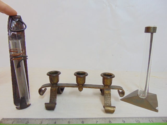 Roycroft triple base candle holder & two bud vase holders with clear glass tubes. (1 of 5)