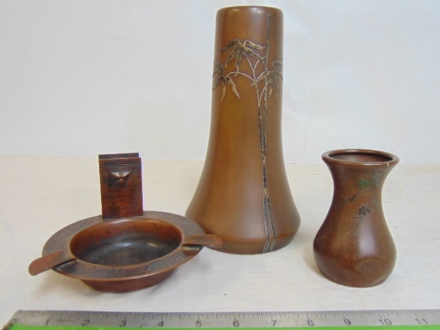 Copper arts & crafts sterling overlay vase, ashtray & small vase, Old Mission Koppercraft , San (1 of 8)