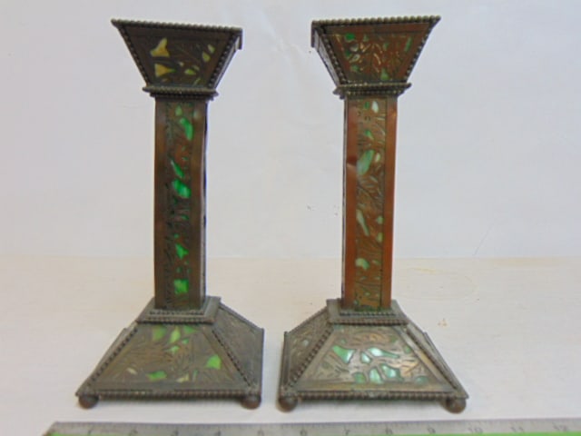 Pair brass candlesticks possibly Heinz, leaf pattern, bottom glass inserts on both is cracked, (1 of 5)