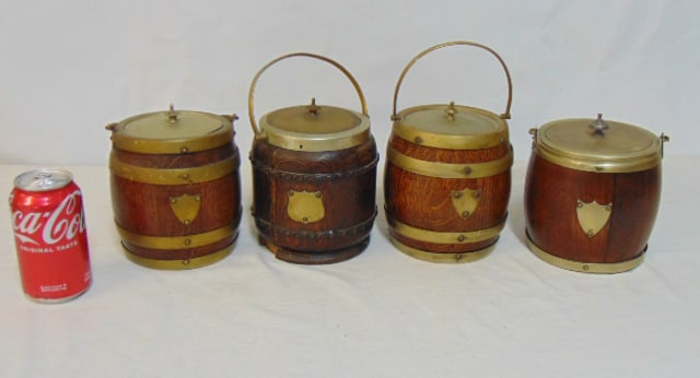 4 oak barrel shaped humidors, silver plated lids with handles, height is 5.75", one is missing small (1 of 8)