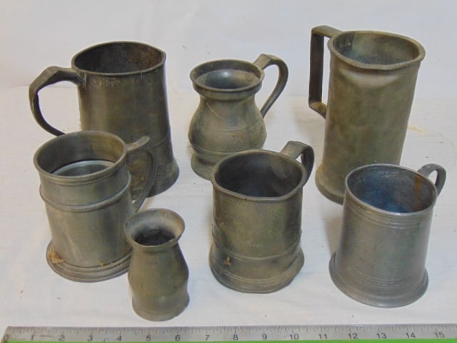 7 early Pewter tankards, cups, various marks, sizes, tallest one is 7", smallest one (pitcher) is (1 of 5)