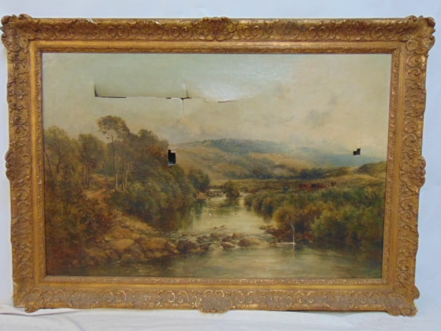 Painting, landscape with stream, signed M. Soper, oil on canvas, canvas ripped in several place, (1 of 7)
