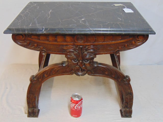 Italian 19th century carved base marble top stand, marble repaired, carved face in base, black (1 of 4)