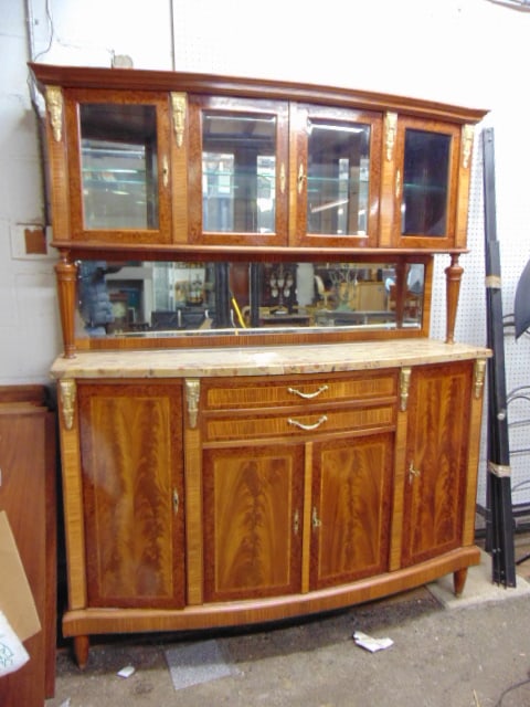French marble top inlaid French buffet with upper cabinet, beveled glass doors & bronz mounts,: French marble top inlaid French buffet with upper cabinet, beveled glass doors & bronz mounts, cabinet is 64.25" by 21", height is 78.75"