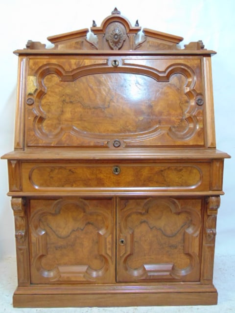 Victorian slant front desk, burl wood carved & raised panel front, back gallery, single drawer over (1 of 4)
