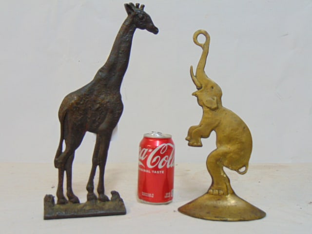 2 doorstops, brass elephant & iron giraffe, elephant is 12", giraffe is 13.75" (1 of 4)
