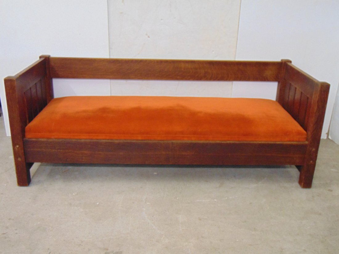 G. Stickley 225 box settle, with red upholstered insert seat, slatted sides (1 of 11)