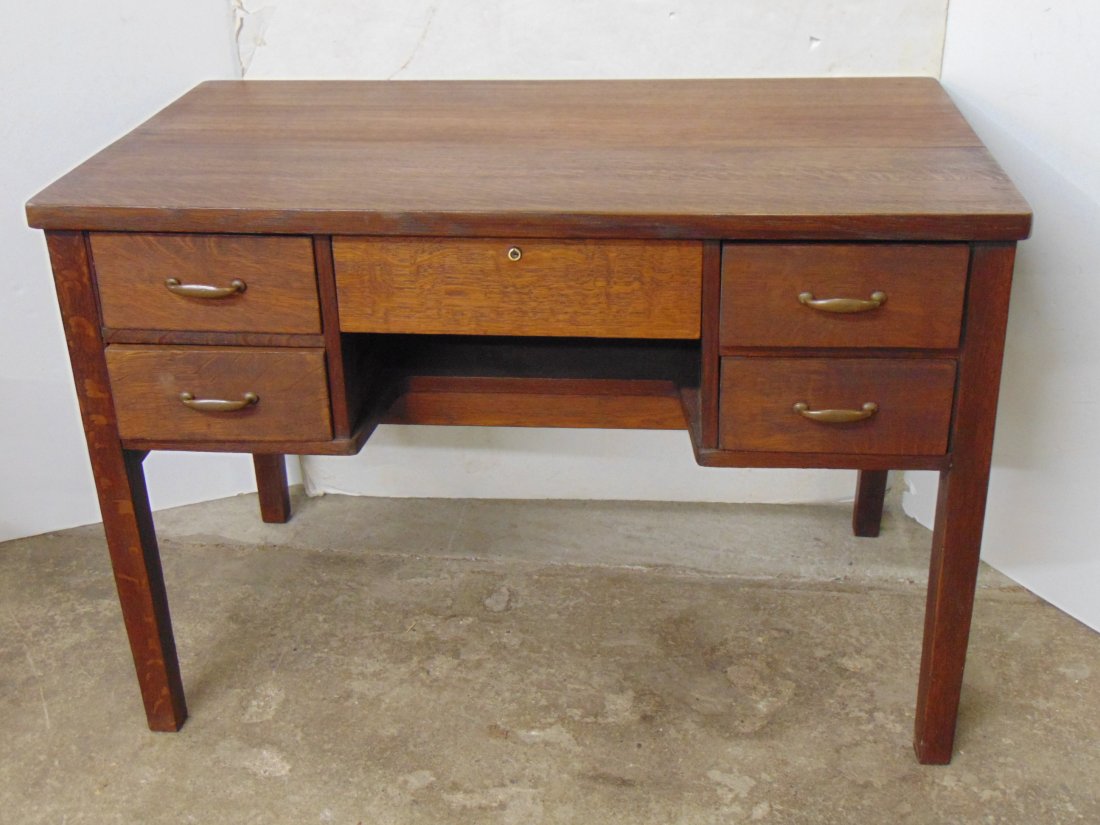 Early Gustav Stickley desk, oak arts & crafts dek with single drawer with lower shelf, flanked on bo (1 of 9)