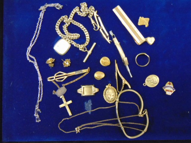 Lot of Gold Filled Vintage jewelry includes watch chains; pendants; tie clip, chains; & other. see p: Lot of Gold Filled Vintage jewelry includes watch chains; pendants; tie clip, chains; & other. see photos