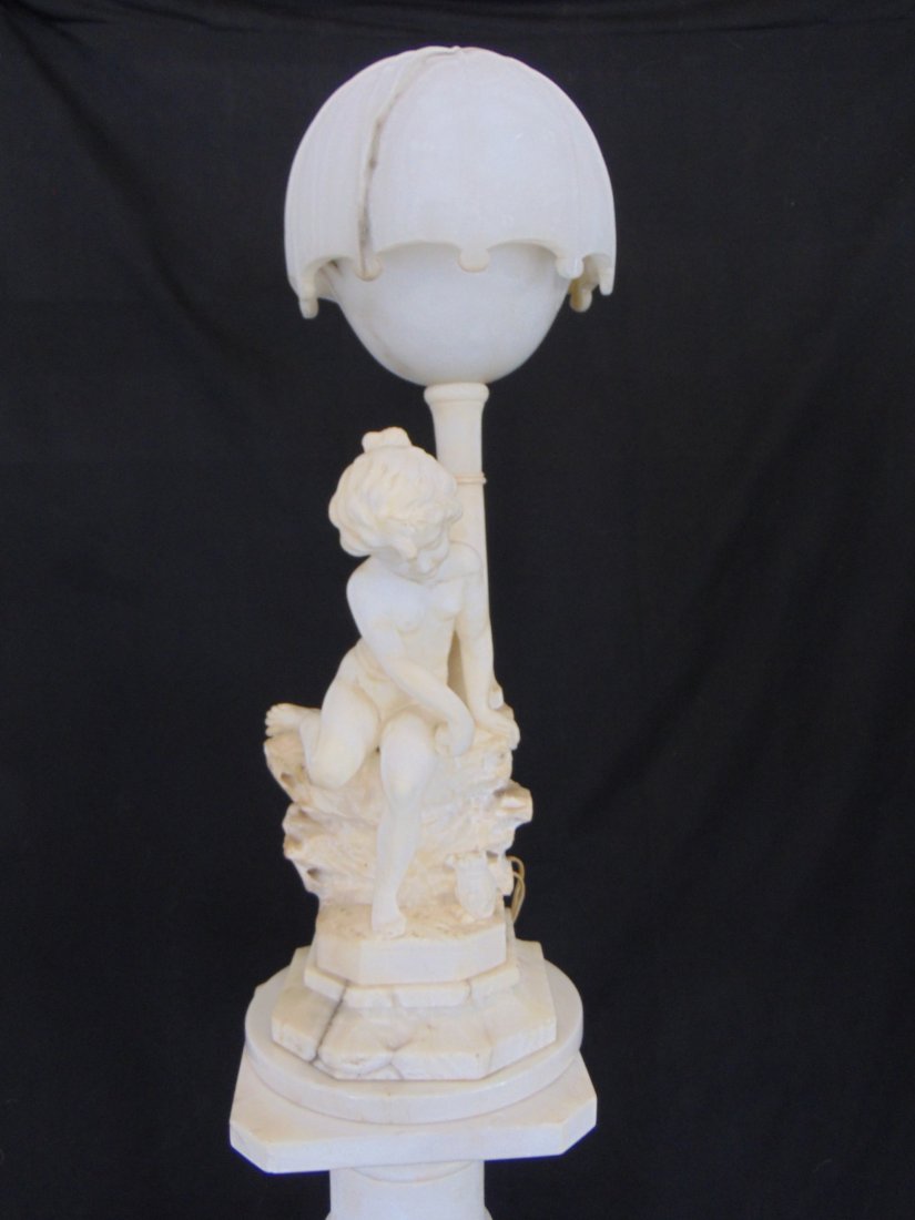 Alabaster figural lamp on marble pedestal, with carved alabaster shade (1 of 7)