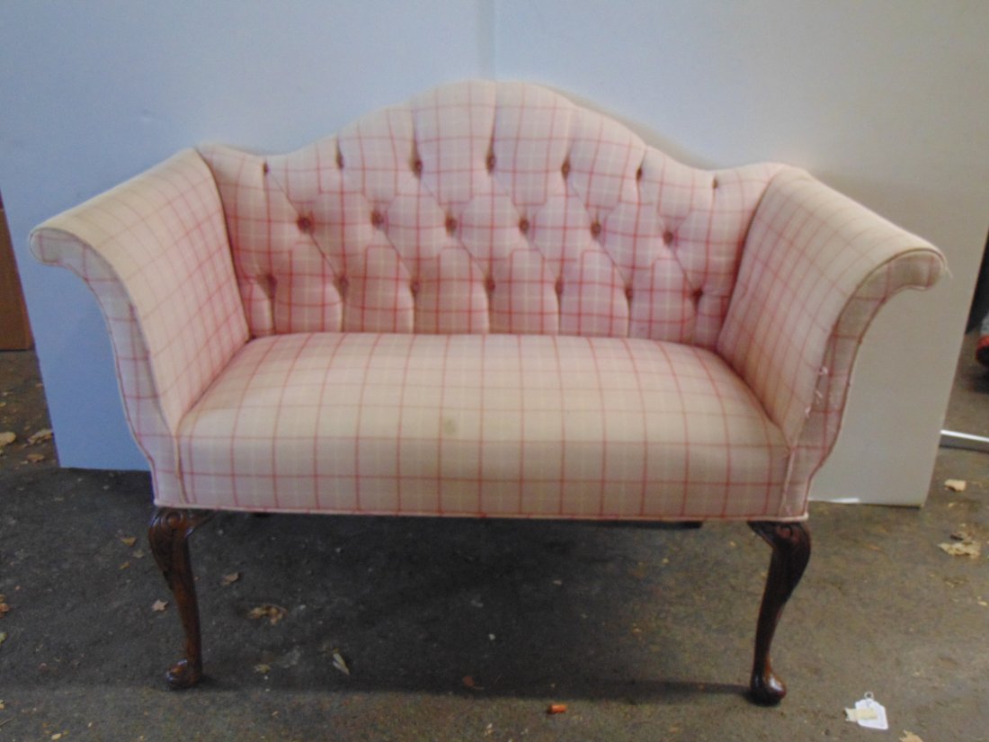 18th Century upholstered bench with scrolled arms and tufted back, carved wood legs, bench is 4 feet (1 of 5)