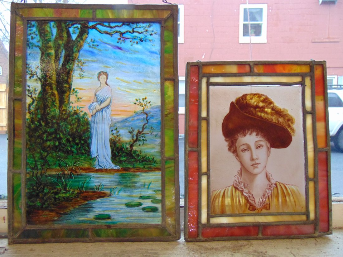 2 stained glass windows with leaded glass borders, portraits of women, stained (painted, Eglomise) (1 of 7)