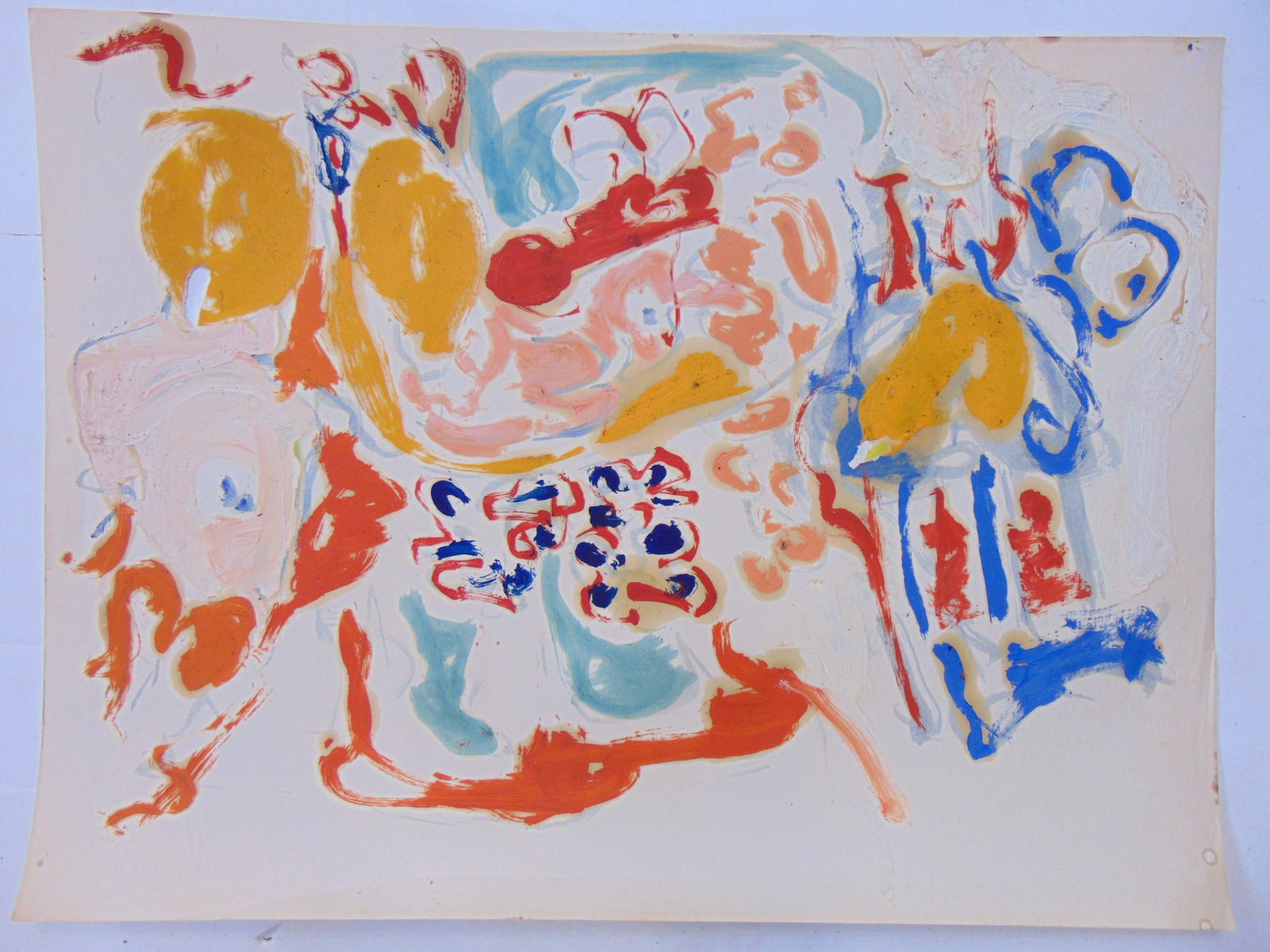 Watercolor & oil paint on paper, abstract in color, unsigned, 18" by 24", has small hole upper left. (1 of 1)