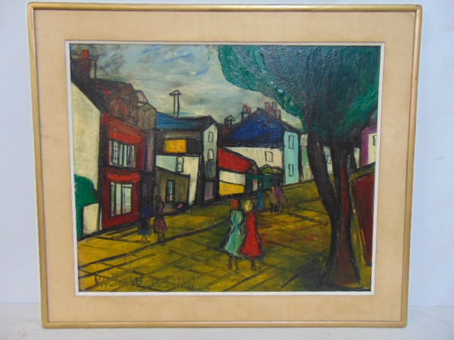 Painting, figures walking in street, signed Michel-Marie Poulain, oil on Masonite, 25.5" by 21 2/8": Painting, figures walking in street, signed Michel-Marie Poulain, oil on Masonite, 25.5" by 21 2/8"