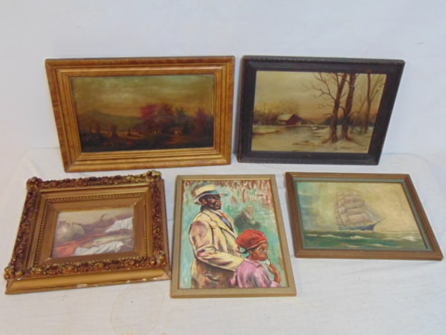 Art lot, 4 painting & print, includes Winter landscape with house, signed C.M. Doscher, 1907, oil on: Art lot, 4 painting & print, includes Winter landscape with house, signed C.M. Doscher, 1907, oil on canvas, 9.5" by 13.5"; oil on canvas board, sail ship at sea, signed E.W. Dutton, 8.75" by 11.5"; o
