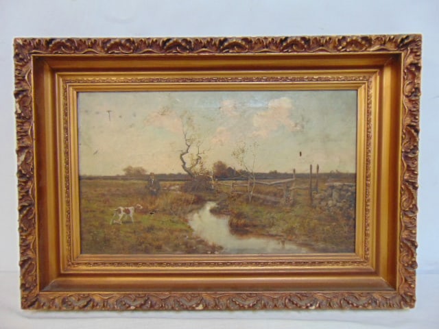 Painting, Frederick William Kost, hunter, dog in landscape with stream, oil on canvas, canvas has: Painting, Frederick William Kost, hunter, dog in landscape with stream, oil on canvas, canvas has damage, 12" by 20"