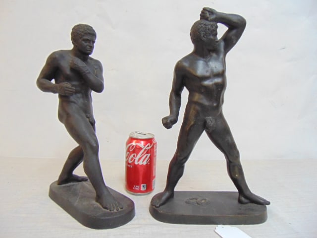 Pair neoclassical figural bronzes, Roman athletes, bronzes are 13" & 13.75" tall, grand tour: Pair neoclassical figural bronzes, Roman athletes, bronzes are 13" & 13.75" tall, grand tour