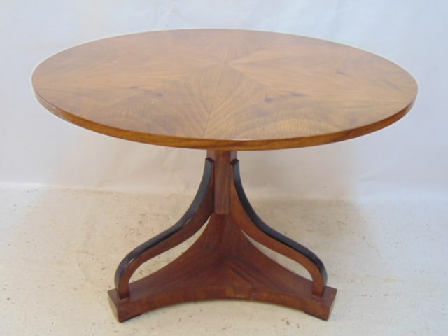 Biedermeier breakfast table, round burl wood top, triple legs on base, table is 39.25" in diameter,: Biedermeier breakfast table, round burl wood top, triple legs on base, table is 39.25" in diameter, height is 29.25"
