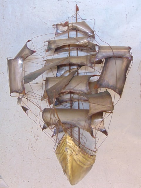 Mixed metal sail ship wall sculpture, in Curtis Jere style, signed R&M, galleon is 40" tall, 25": Mixed metal sail ship wall sculpture, in Curtis Jere style, signed R&M, galleon is 40" tall, 25" wide.
