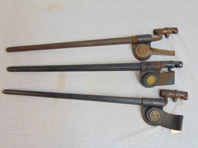 3 US, Civil War era bayonets with metal scabbards, model 1855 marked A.R. Smith on leather, 18": 3 US, Civil War era bayonets with metal scabbards, model 1855 marked A.R. Smith on leather, 18" blade; one is marked U.S. on blade.