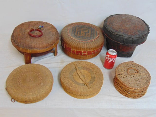 6 sewing baskets, Asian & European, various sizes: 6 sewing baskets, Asian & European, various sizes