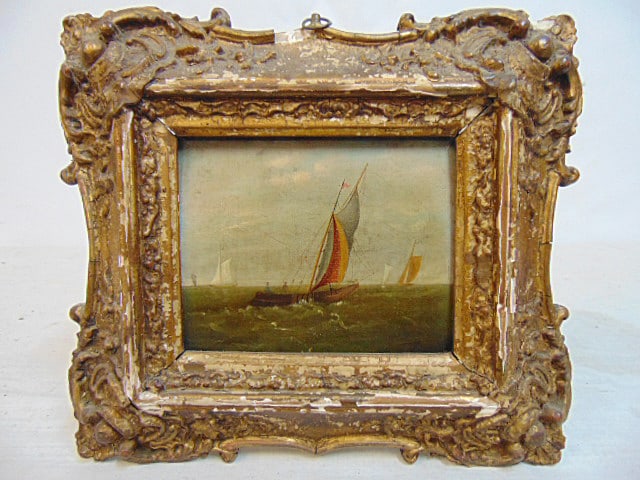 Painting, sailboat at sea, oil on wood panel, unsigned, appears Dutch school, panel is 4" by 5.25",: Painting, sailboat at sea, oil on wood panel, unsigned, appears Dutch school, panel is 4" by 5.25", in early gilt frame.