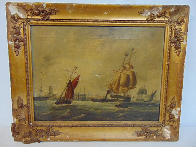Painting, sail ships in port, European city in background, oil on canvas, unsigned, canvas has: Painting, sail ships in port, European city in background, oil on canvas, unsigned, canvas has damage, small tear, hole, 12" by 16"