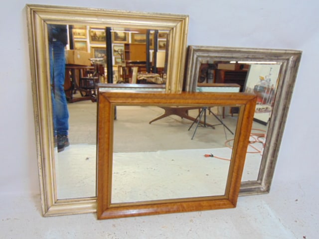 3 early carved frames with mirrors, silvered, gilt & burl wood framed mirrors, gilt & silver framed: 3 early carved frames with mirrors, silvered, gilt & burl wood framed mirrors, gilt & silver framed mirrors have beveled glass, burl mirror is 27" by 31", silver framed mirror is 35" by b24.75", gilt 