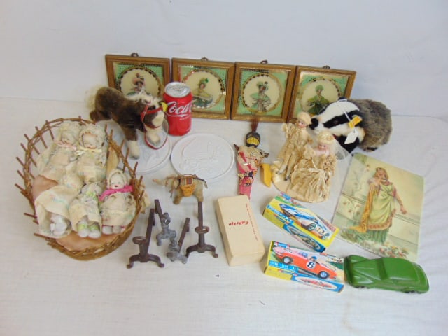 Toy lot, Steiff animals, Telsade toy cars in original box, Capezio wishing shoe in original box,: Toy lot, Steiff animals, Telsade toy cars in original box, Capezio wishing shoe in original box, pictures, small dolls, more