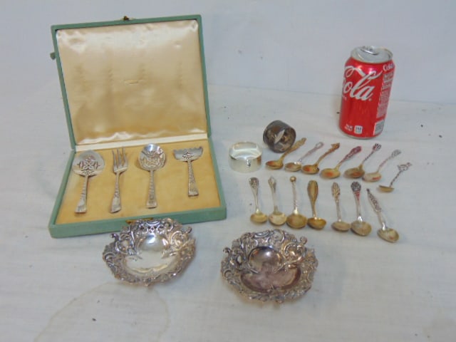 Lot silver, nut dishes, napkin rings, various tea spoons & Black Starr & Frost 4 piece set in box,: Lot silver, nut dishes, napkin rings, various tea spoons & Black Starr & Frost 4 piece set in box, 10.5 troy