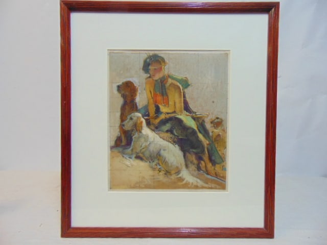 Painting, girl with dogs, att. to Samuel Nelson Abbott, pastel, 11" by 9.25" (sight), cover study: Painting, girl with dogs, att. to Samuel Nelson Abbott, pastel, 11" by 9.25" (sight), cover study for Woman's Home Companion, unsigned