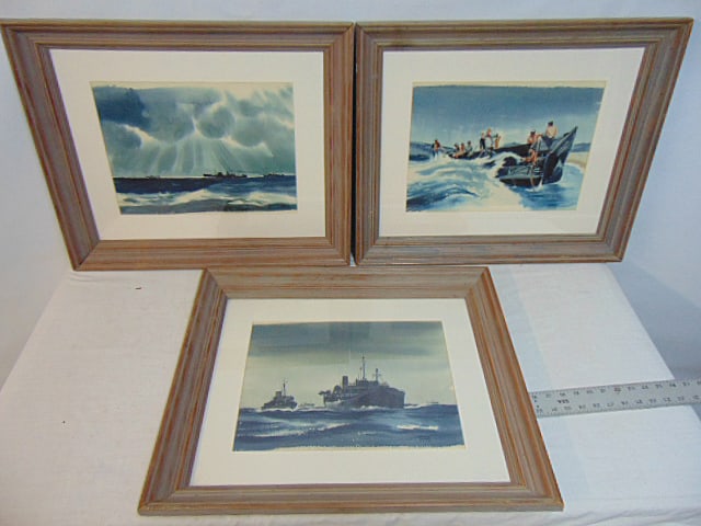 3 paintings, coast guard, Naval scenes, Sherman Groenke, "A Swamped Boat"; 'Corvette Refueling at: 3 paintings, coast guard, Naval scenes, Sherman Groenke, "A Swamped Boat"; 'Corvette Refueling at Sea' & "Atlantic Convoy", 10.75" by 14.75"