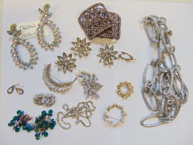Signed designer costume Jewelry lot to include Thelma Deutsch earrings; Kramer earrings w/ matching: Signed designer costume Jewelry lot to include Thelma Deutsch earrings; Kramer earrings w/ matching earrings; Crown Trifari brooch; sterling pin w/ faux pearl/ turquoise/diamond & other see photos