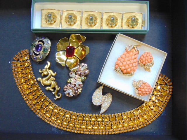 Signed designer Vintage Costume Jewelry lot KLJ bracelet; Suffragette pin; Coro sterling w/ red: Signed designer Vintage Costume Jewelry lot KLJ bracelet; Suffragette pin; Coro sterling w/ red stone gold tone; orange color crystal bib necklace; Ciner "coral" color & gold tone pin & earrings pear
