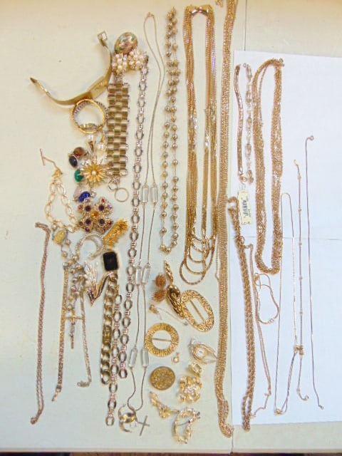 Costume Jewelry lot gold tone including Vintage Peugeot, Jules Jurgensen, & Bulova watch all as is,: Costume Jewelry lot gold tone including Vintage Peugeot, Jules Jurgensen, & Bulova watch all as is, Monet chain; pair of faux pearls; earrings & other see photos for detail