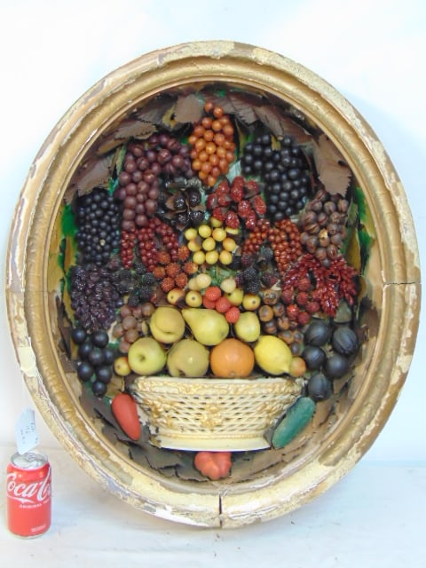 Large oval framed wax fruit collage, various grapes, apples, oranges, gilt frame has loss of gilt,: Large oval framed wax fruit collage, various grapes, apples, oranges, gilt frame has loss of gilt, 29" by 24.5"