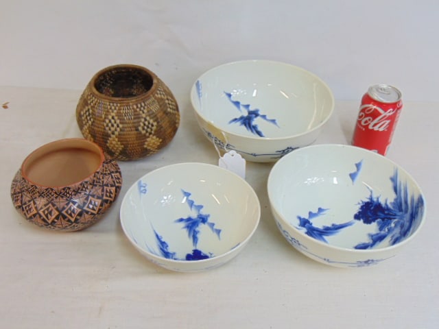 Chinese bowls & native American basket, bowl, round coil basket, bowl marked Sun & Fire, Jemez: Chinese bowls & native American basket, bowl, round coil basket, bowl marked Sun & Fire, Jemez Pueblo, N. Mex. plus 3 blue & white porcelain Chinese bowls.