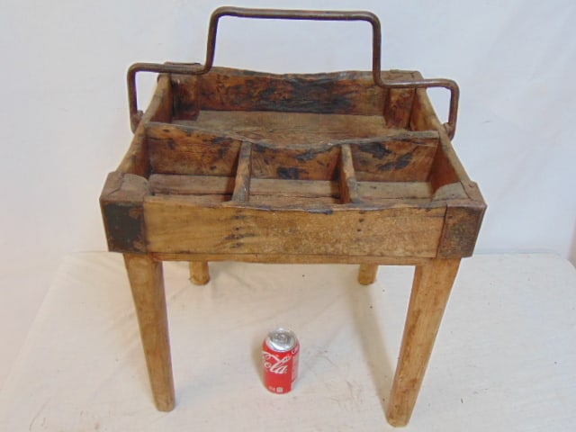Wooden work box, stand, with compartments and iron handle, primitive, 17" by 18.5", height is 19": Wooden work box, stand, with compartments and iron handle, primitive, 17" by 18.5", height is 19" (excluding handle)