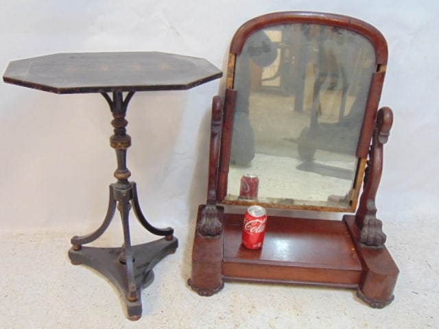 Chinese rigid top stand & dressing or vanity mirror, stand is decorated with gold painted figures on: Chinese rigid top stand & dressing or vanity mirror, stand is decorated with gold painted figures on black, octagonal top, height is 24.5", mirror has claw footed mirror supports, molding on mirror mi
