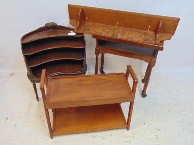 4 small pieces of furniture, hall rack, night stand, two book stands.: 4 small pieces of furniture, hall rack, night stand, two book stands.