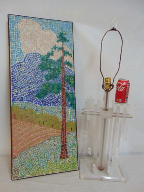 Lucite table lamp & mosaic tile panel, mosaic tile panel depicts a scene with large tree and is: Lucite table lamp & mosaic tile panel, mosaic tile panel depicts a scene with large tree and is 36.5" by 15", Lucite lamp is 17.5" tall (Lucite only)