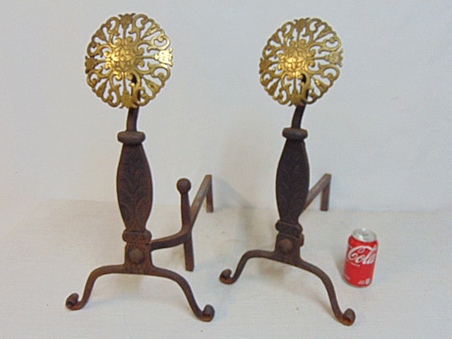 Pair Virginia Metal crafters decorative brass & iron andirons, signed V.M., height is 23": Pair Virginia Metal crafters decorative brass & iron andirons, signed V.M., height is 23"