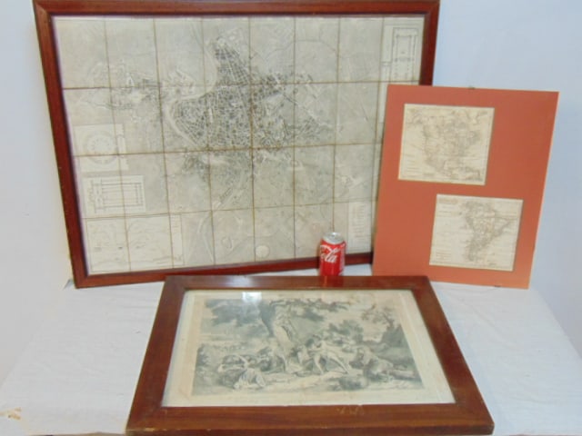 2 maps & etching, Roma Moderna, 1847, 2 small maps, "America Settentrionale" & "America: 2 maps & etching, Roma Moderna, 1847, 2 small maps, "America Settentrionale" & "America Meridionale", dated 1824 & etching, "L'age D'or", French, loss lower left corner, stained