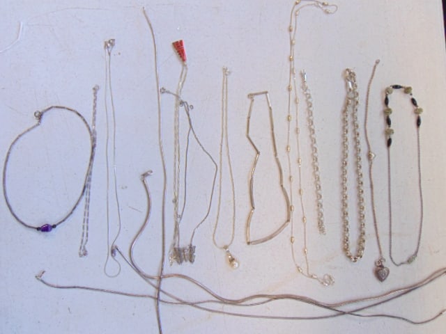 Jewelry. Sterling collection to incluce rolo chain & matching bracelet; signed Sharon Sandoval: Jewelry. Sterling collection to incluce rolo chain & matching bracelet; signed Sharon Sandoval inlaid pendent; snake chains & other sterling necklaces